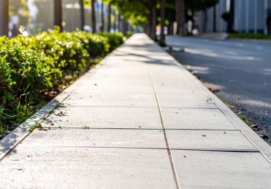 Pavimento de acera en losa de hormigón Acera de losa de hormigón junto a la calzada, con seto y arbolado a un lado