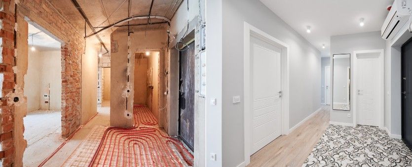 Antes y después de un pasillo: suelo radiante instalado y el mismo pasillo ya terminado