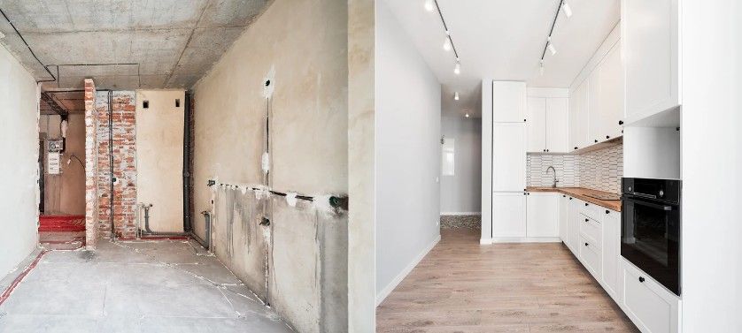 Antes y después de una reforma integral Antes y después de una reforma integral: pasillo en obra bruta y cocina blanca terminada