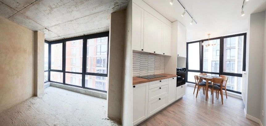 Antes y después de un salón-cocina Antes y después de un salón en obra bruta convertido en cocina-comedor con tarima