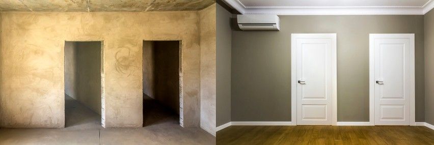 Antes y después de una tabiquería en bruto con los dos huecos de paso ya rematados