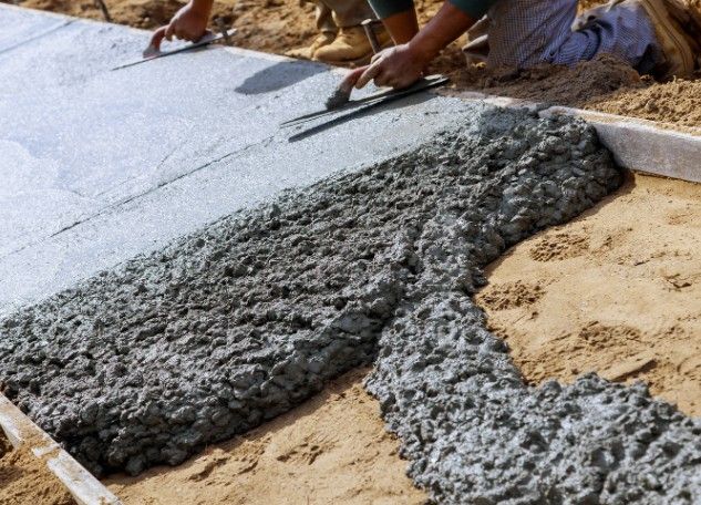 Vertido y reglado de solera de hormigón Albañiles extendiendo y reglando el hormigón fresco de una solera entre maestras